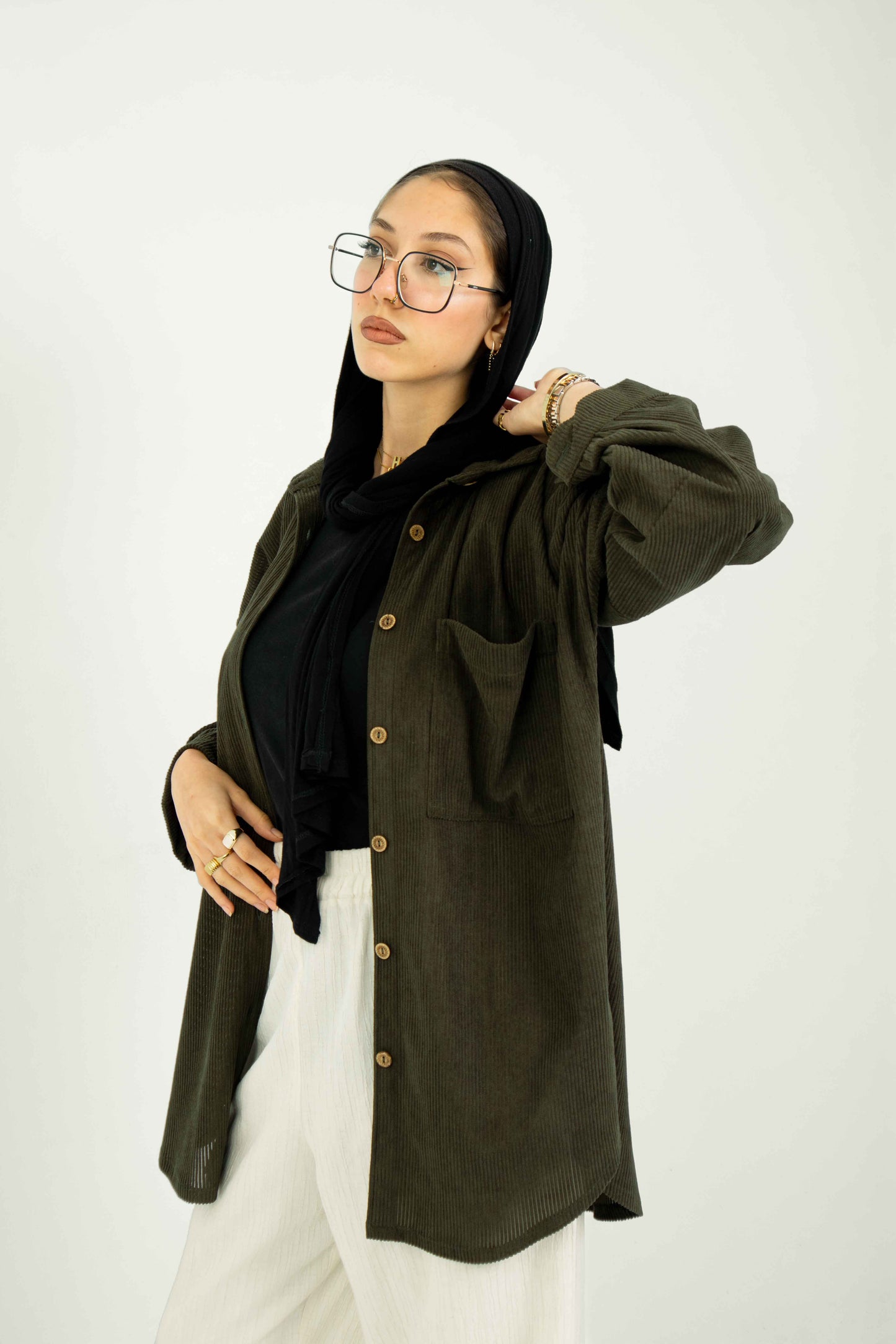 Ribbed Plush Velvet Shirt-Olive