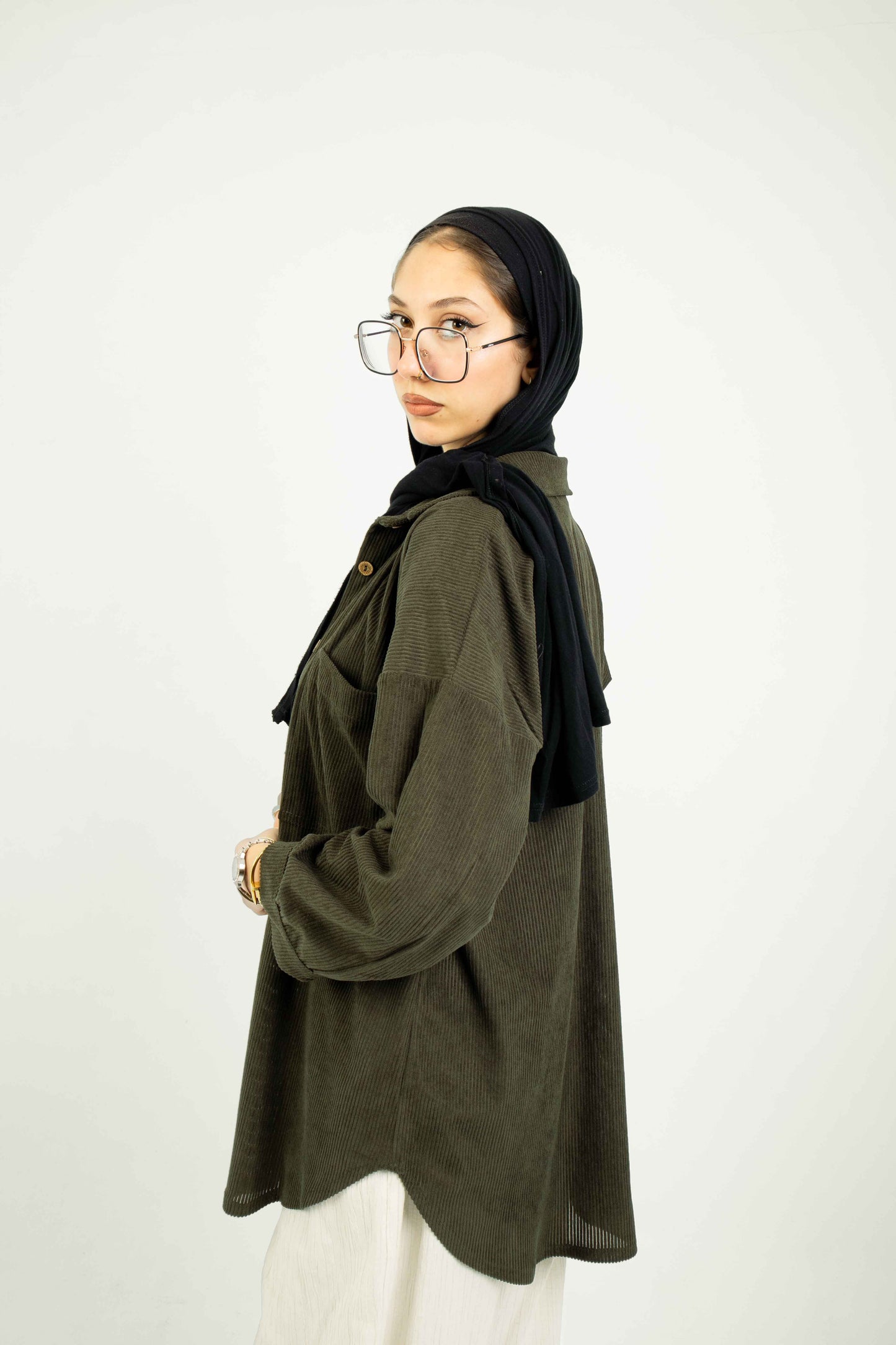 Ribbed Plush Velvet Shirt-Olive
