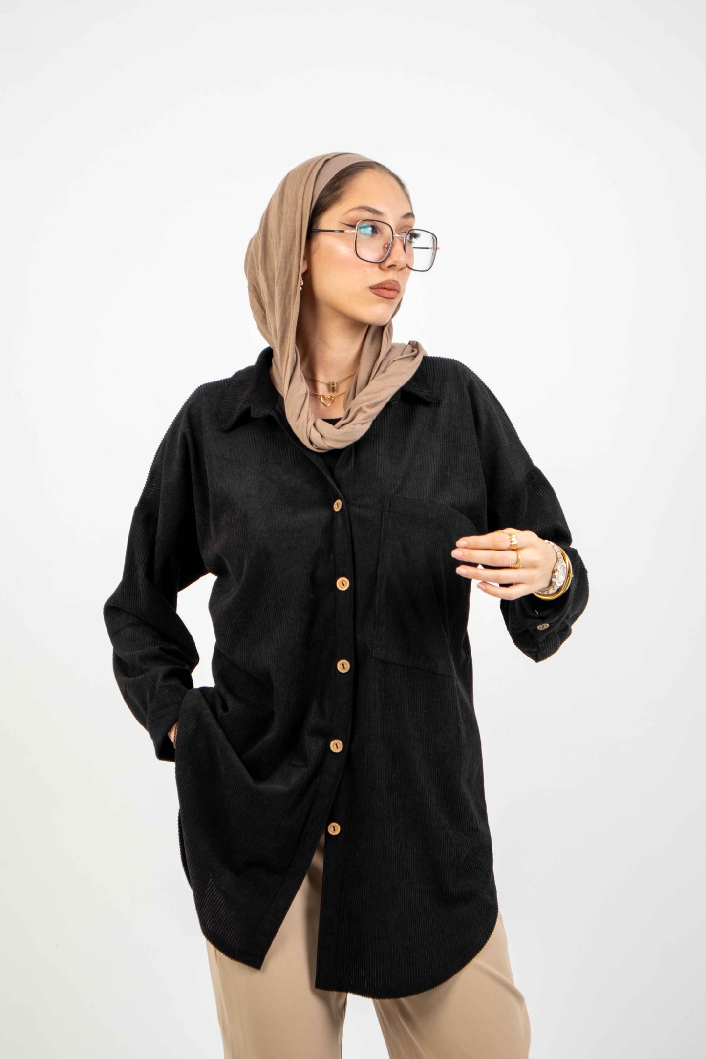 Ribbed Plush Velvet Shirt-Black